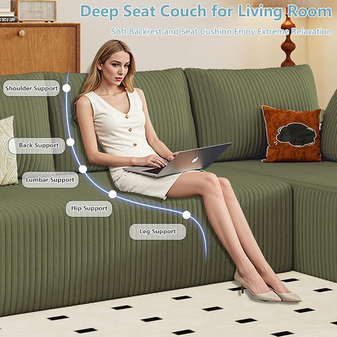 96" Cloud Sectional Couch with L-Shape Chaise, Modern Corduroy Boneless Couch for Living Room,Memory Foam Sofa with Deep Seat,No Assembly Required (Green,Right-Facing Chaise)