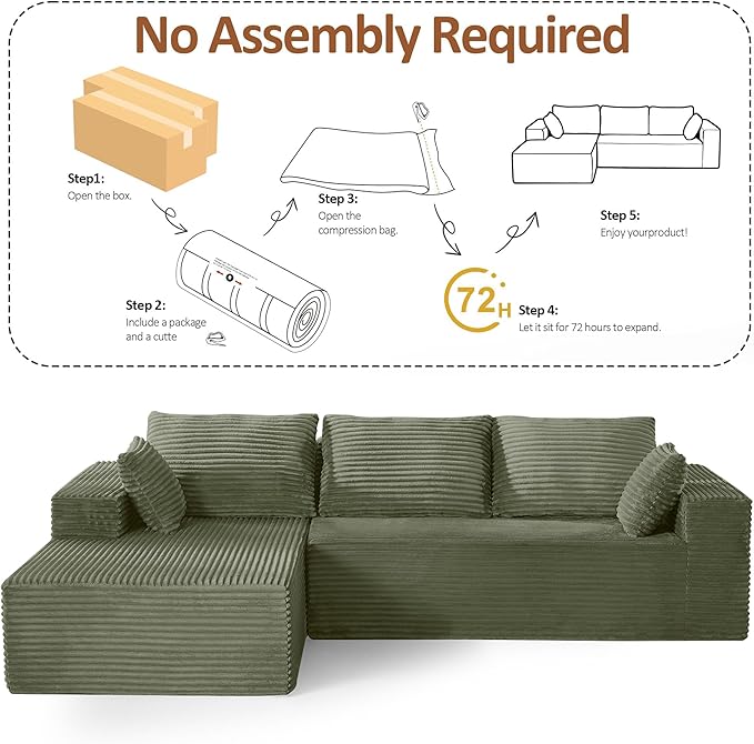 WUTUTUEE Boneless L Shaped Sofa with Chaise Lounge, Green Corduroy