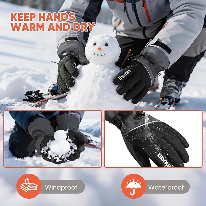 ihuan Winter Waterproof Ski Gloves Men Women, Snow Warm Cycling Cold Weather, Driving Biking Running
