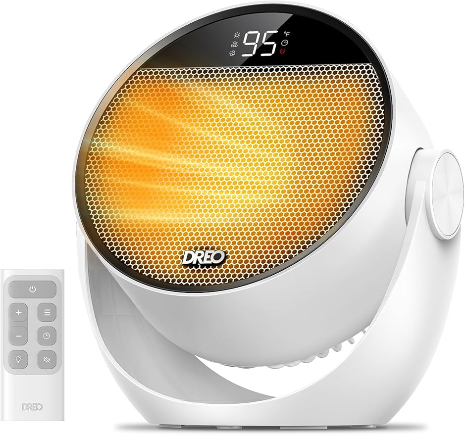 DREO Space Heater 1500W, 60° Adjustable Tilt, 10.5ft/s Portable Electric Heaters for Indoor Use with Thermostat, 8 Safety Protections, 3 Modes, Remote, Quiet Desk Heater for Bedroom, Office, White