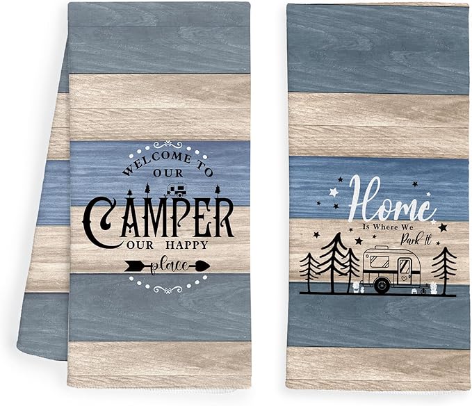 WFSM Camping Kitchen Towels Set of 2, 16x24 Inches, Patterned Cotton Terrycloth Dish Cloths with Loop Weave, Super Soft, M...