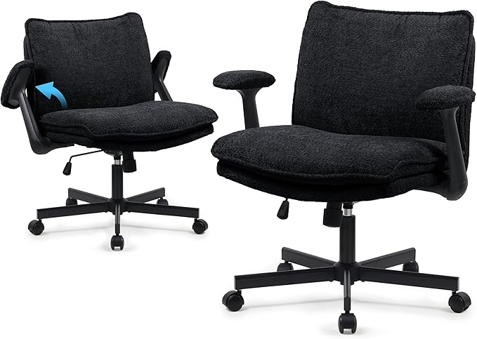 Kassipo Criss Cross Legged Office Chair with Wheels and Flip-Up Arms, Upholstered Criss Cross Desk Chair, Wide Seat Chairs for Home Office, Vanity, Apartment, Black