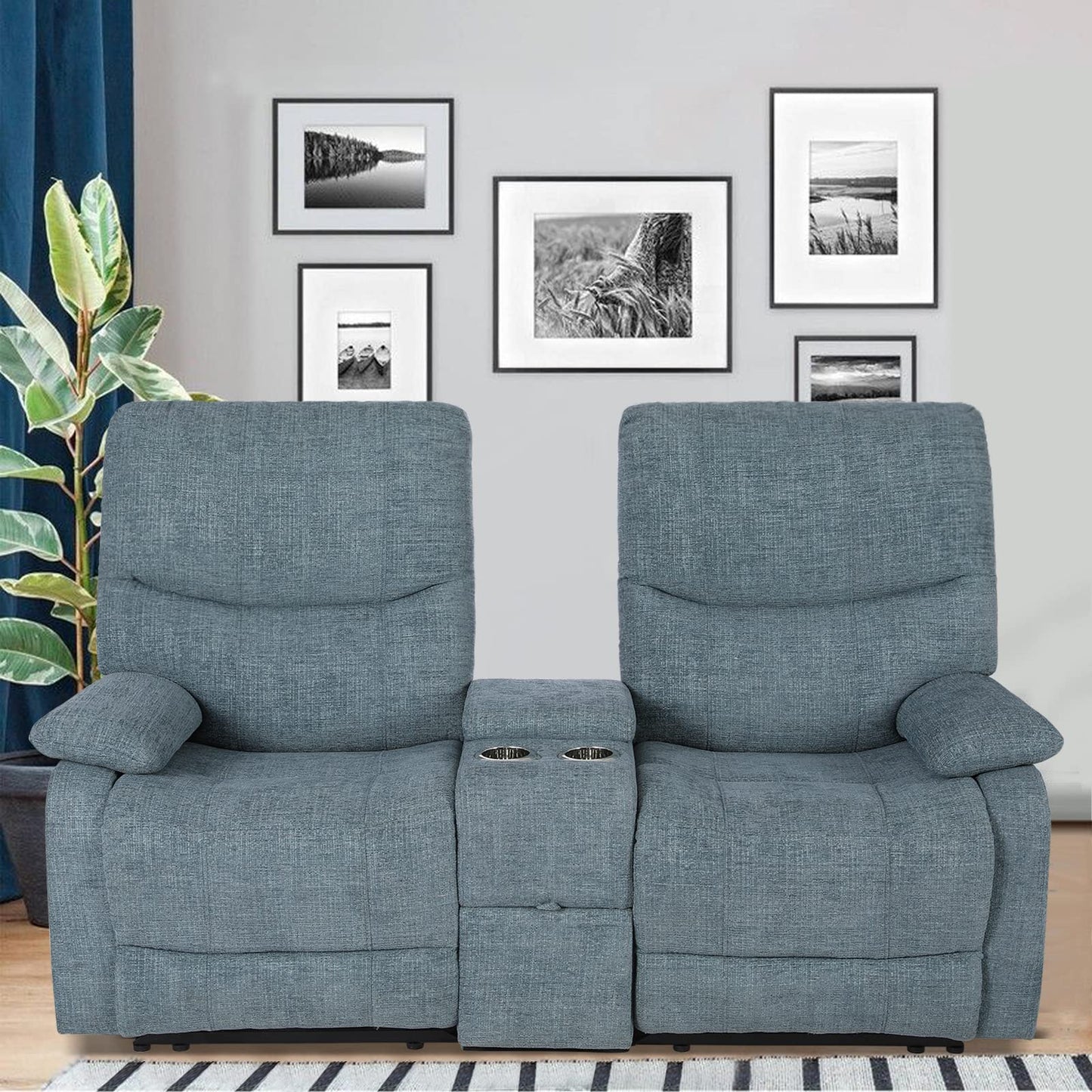 B BAIJIAWEI Double Reclining Loveseat - Fabric Home Theater Seating with Console - 2 Seater Manual Reclining Couch for Living Room, Office (Fabric- Blue)