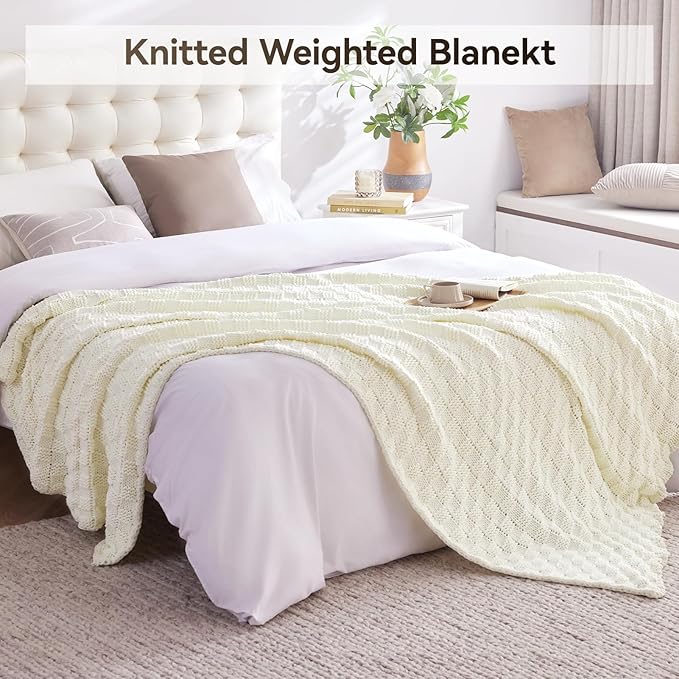 Knitted Weighted Blanket for Adult, No Beads Heavy Blanket 50” x 60'' 10lbs, Breathable Chunky Knit Blanket, Cooling Weighted Blanket for Hot Sleepers, Christmas Home Decor (Ivory White)