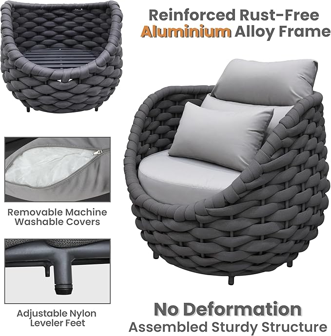 Erotr 3 Pieces Woven Rope Patio Furniture Sofa Sets: Aluminum Outdoor Conversation Set of 2 - Assembled Modern Cushions Couch Armchair Table Set - All Weather for Indoor Deck Porch Pool Hotel