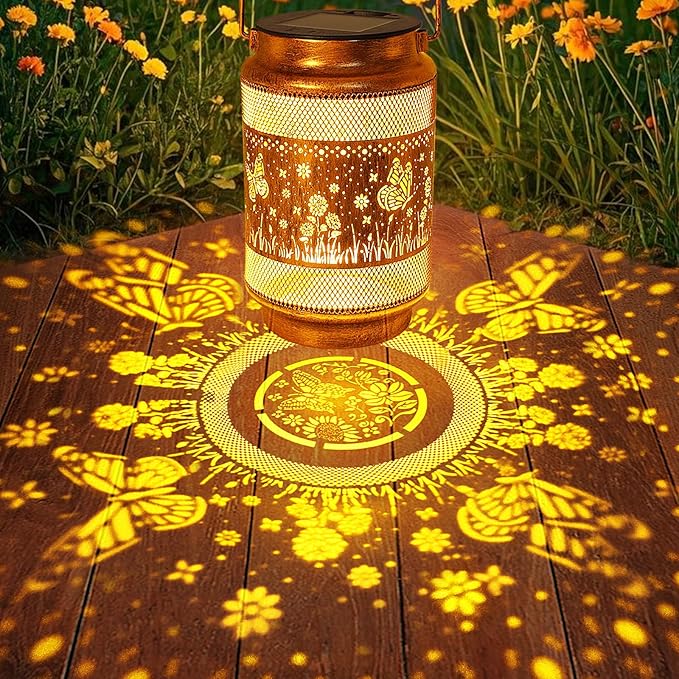 2 Pack Butterfly Solar Lanterns Outdoor Waterproof Solar Garden Decor, Birthday Gifts for Christmas Women Mom Grandma, Metal Hanging Lights with Shepherd Hook for Outside Yard Patio Pathway Porch