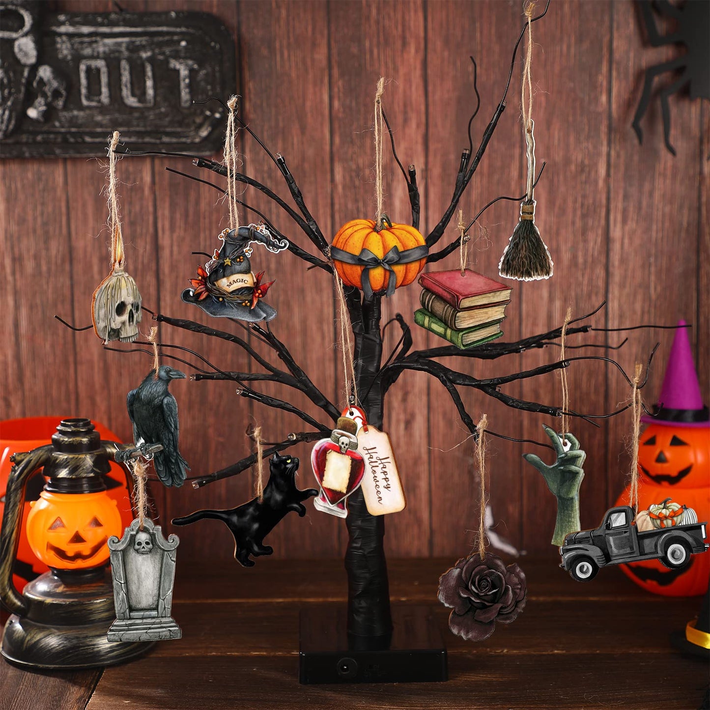 Maitys 36 Pcs Halloween Wood Ornaments for Tree Gothic Halloween Decorations Skull Black Cat Pumpkin Hanging Signs Witch Hats Finger Crow Wood Cutouts with Ropes for Home Small Tree Party Indoor Decor