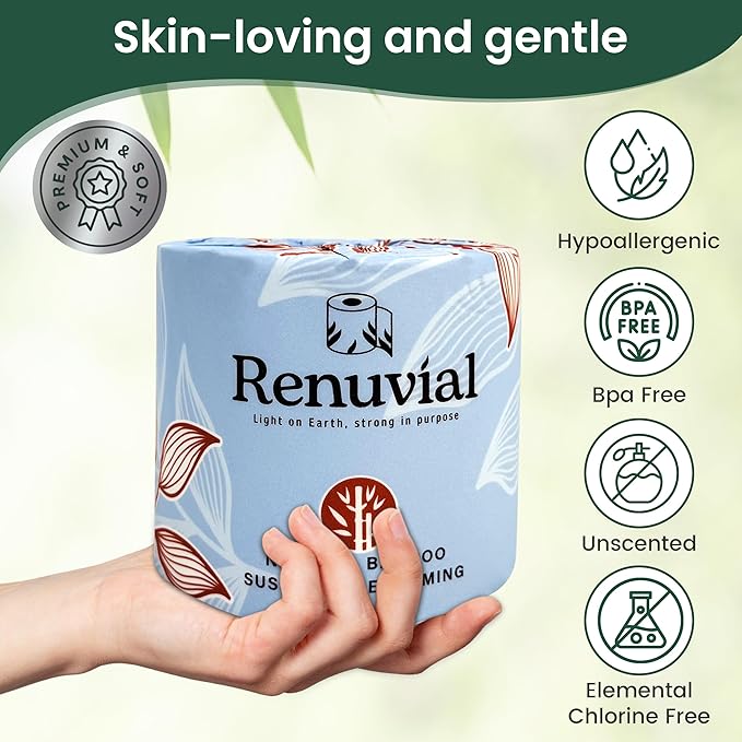 Bamboo Toilet Paper, Ultra-Soft & Strong, 3-Ply & 300 Sheets, Septic Safe, 12 Rolls, 100% Natural Bamboo, Non Toxic Toilet Paper, Sustainable, Biodegradable, Plastic-Free Packaging