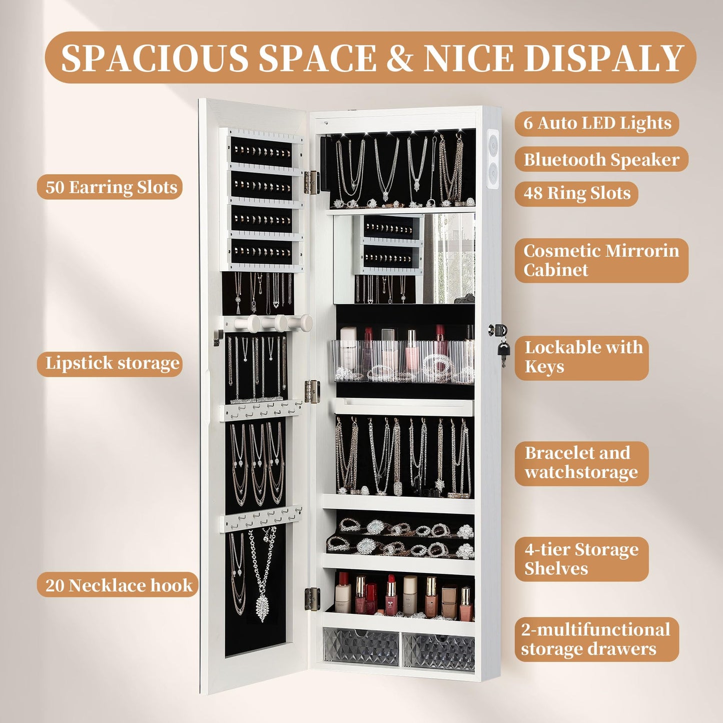 chaoguan LED Mirror Jewelry Cabinet with Bluetooth Speaker, Wall/Door Mounted Jewelry Organizer Armoire, Full Length Lighted Mirror with Jewelry Storage,Jewelry Box Standing for Women