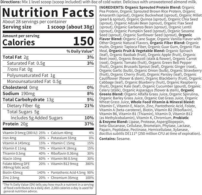 Garden of Life Meal Replacement Shakes, Vegan, Raw, Organic, Lightly Sweet Protein Powder with Plant Based Pea Protein, Sprouts, Greens, Probiotics, 28 Servings