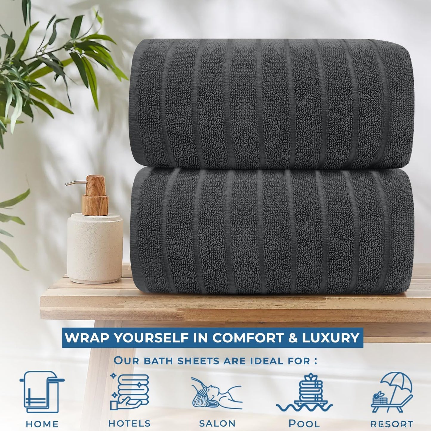 DAN RIVER Pack of 2 Bath Sheet 35x70 Inches, Extra Large Ribbed Gray Bath Towels Oversized, Absorbent Cotton Towels for Bathroom