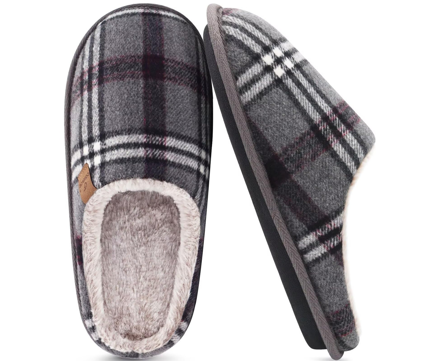 COFACE Mens Grey Flano Plaid Cozy Memory Foam scuff Slippers Slip On Warm House Shoes Indoor/Outdoor With Best Arch Support Size 11