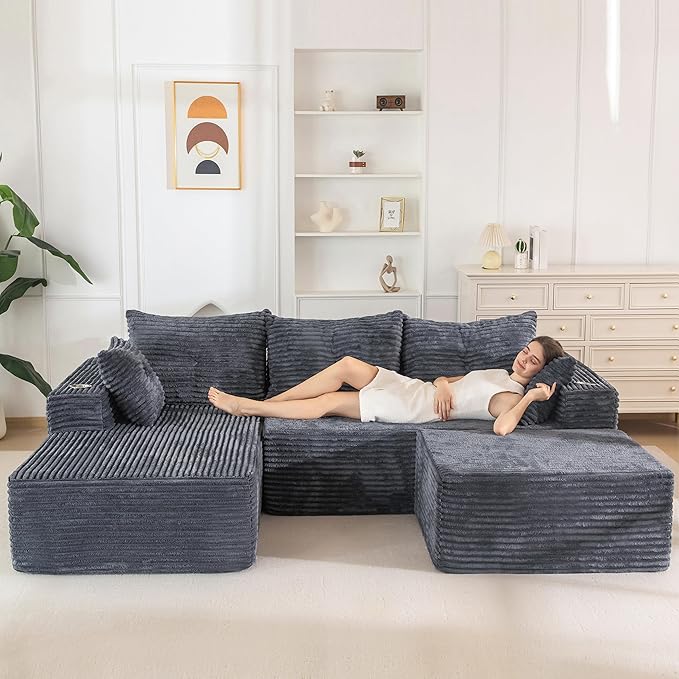 MAXYOYO 104" U-Shaped Modular Sectional Couch, Modern Boneless Couch for Living Room, Sofa in A Box, Oversized Sofa Sleeper with Deep Seat, No Assembly Required, Dark Grey