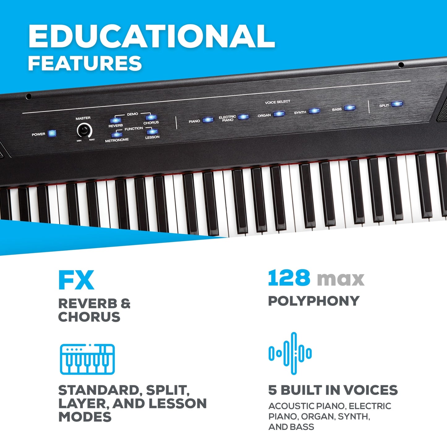 Alesis Recital - 88 Key Digital Piano Keyboard with Semi-Weighted Keys, 2x20W Speakers, 5 Voices, Split, Layer and Lesson Mode, FX and Piano Lessons