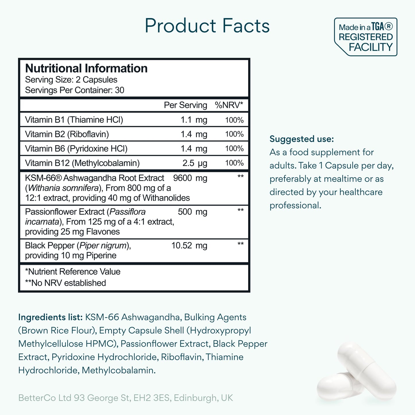 Bettervits Ashwagandha High Strength Complex with Passion Flower & Vitamin B | Organic KSM-66 Ashwagandha 800mg | Stress & Cortisol Support Supplement | 60 Capsules