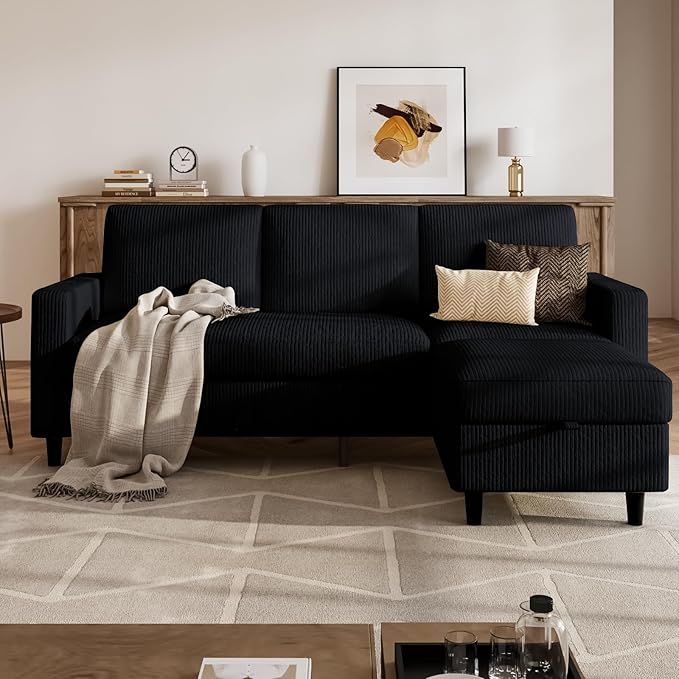 POYISOU Sectional Couches for Living Room, L Shaped Couch with Storage Ottoman, Small Sofa Corduroy Couch with Side Pockets, Modern 3 Seater Convertible Sofa for Apartment, Office, Black
