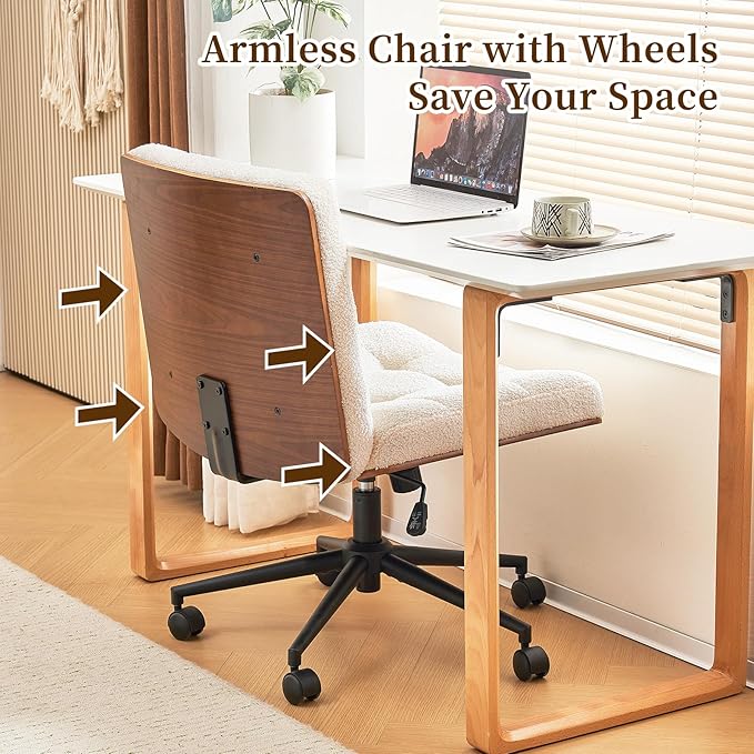 Furnimart FSC Wooden Wide Desk Chair, 360° Swivel Criss Cross Office Chair with Wheels, Comfy Cross Legged Sitting, Armless Rolling Chair for Bedroom, Office, Vanity (Faux Fur White)