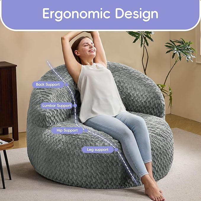 Hobestluk Bean Bag Chair Giant Bean Bag Chairs for Adults Big Bean Bag Chair with Memory Foam Filler Adults Large Beanbag with Faux Fur Cover for Bedroom (Chevron Grey,Large)