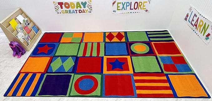 KIDCARPET.COM Patterned Squares Bright Children's Rug, 6' x 8'6", Multicolored, Educational Classroom Rug, Kids Learning Play Mat | Area Rug for Bedroom or Playroom