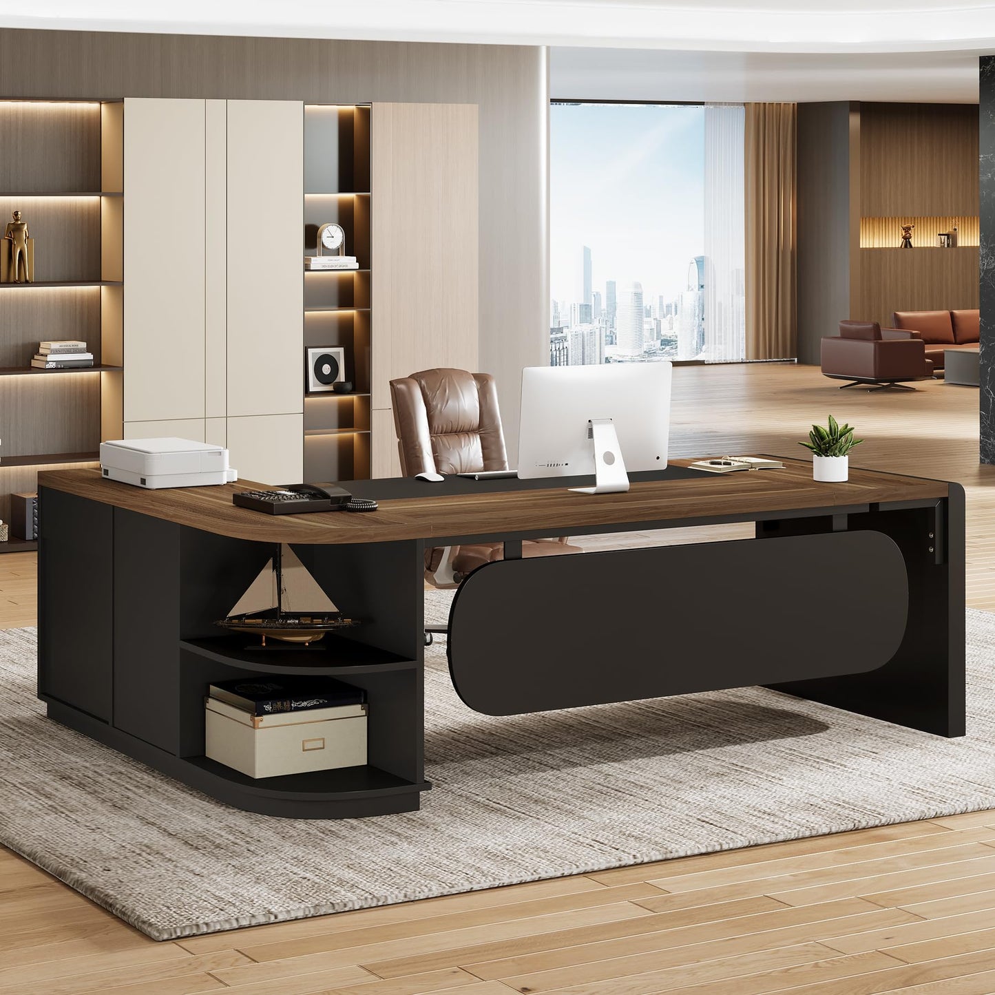 Tribesigns 80'' L-Shaped Desk, Large Executive Office Desk with 55'' Drawers Cabinet, Modern Commercial Office Table with Storage Shelves, Business Furniture for Home Office, Brown & Black