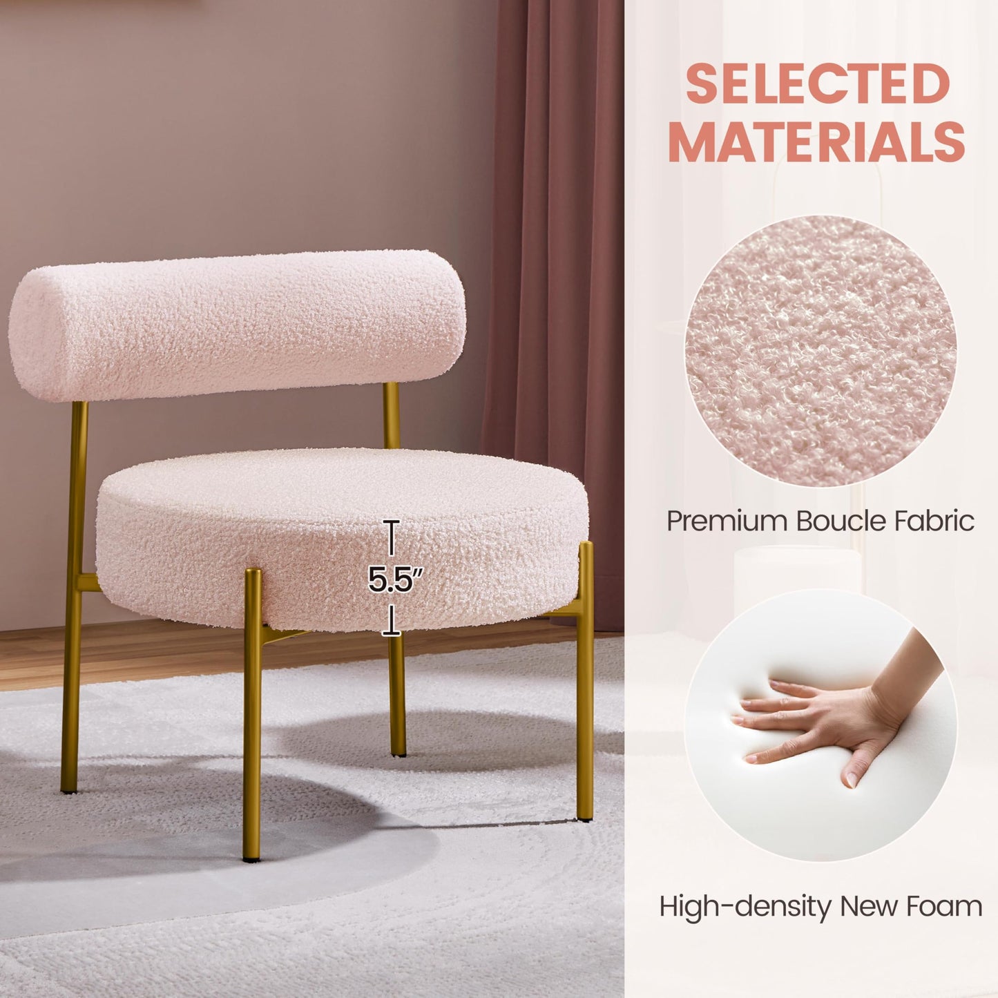 Topeakmart Modern Vanity Chair, Boucle Fabric Accent Chair with Gold Metal Legs for Living Room Makeup Room, Pink