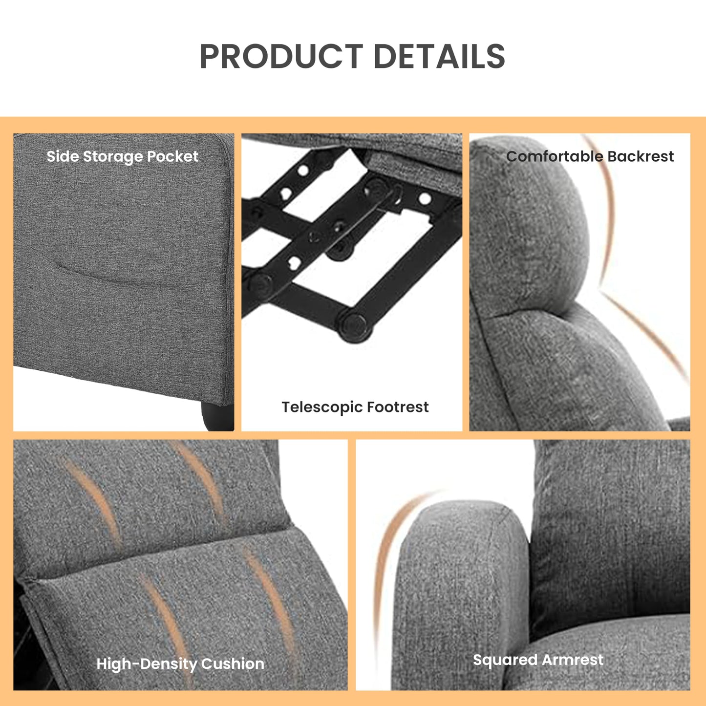 HealSmart Adjustable Push Back Recliner Chair, Soft Fabric Lounge Sofa for Reading & Relaxing, Perfect Home Theater Chair for Living Room & Bedroom, Grey