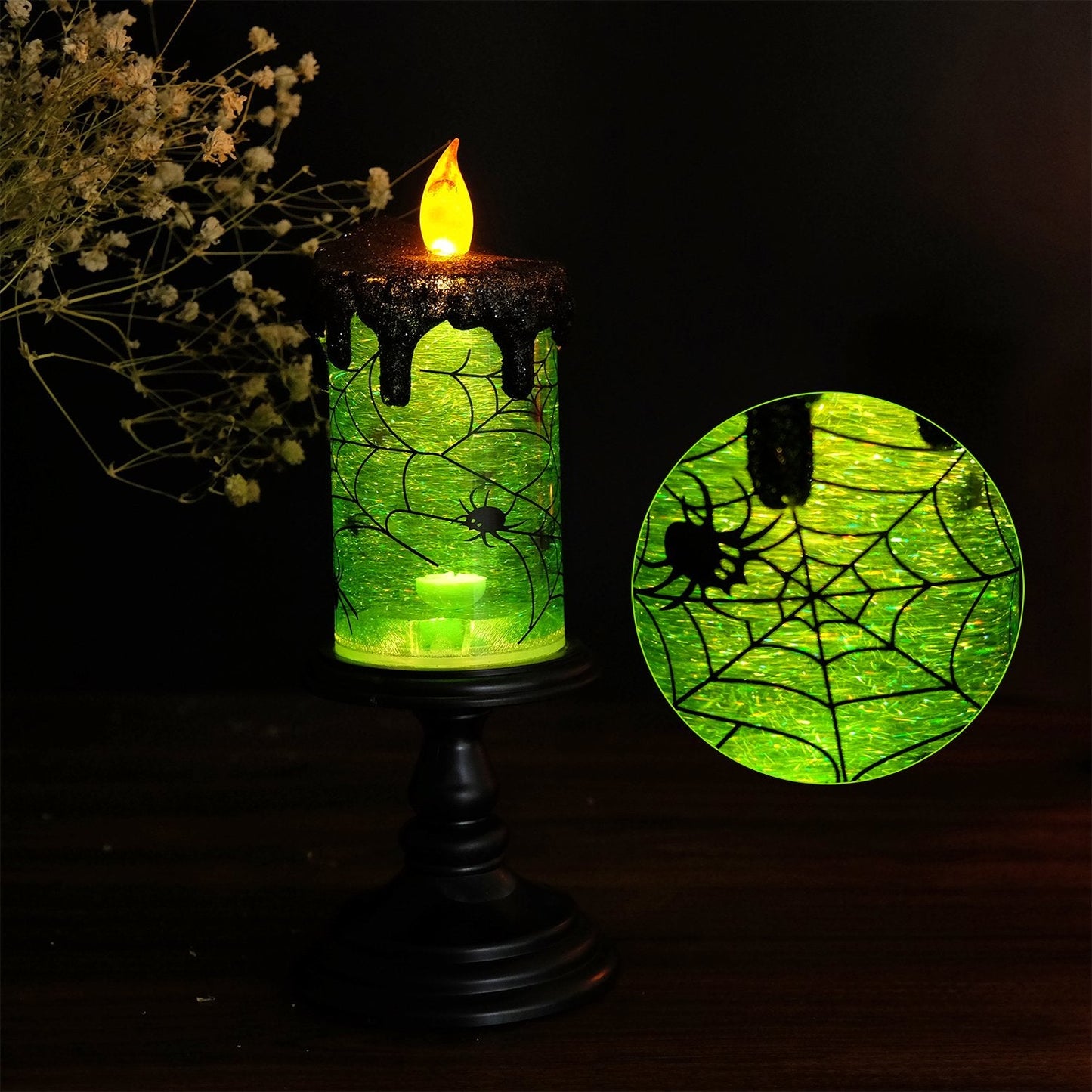 Eldnacele Halloween Snow Globe Candles Lighted Lamp, Battery Operated Spooky Spinning Water Glittering Tornado Candle Flameless Candles Table Centerpiece for Halloween Celebration Parties(Spider)