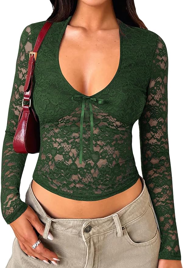 Matunana Womens Long Sleeve Going Out Tops Lace V Neck Mesh Crop Shirts Sexy Cute Y2K Fall Trendy Outfits 2025