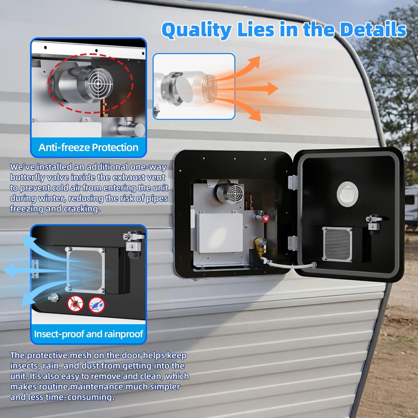 RIWORY 65,000 BTU RV Tankless Water Heater Propane with 18x18 Door, 3.9 GPM RV On Demand Water Heater, High Altitude Available, DC 12V Instant RV Water Heater with Outdoor Water Outlet