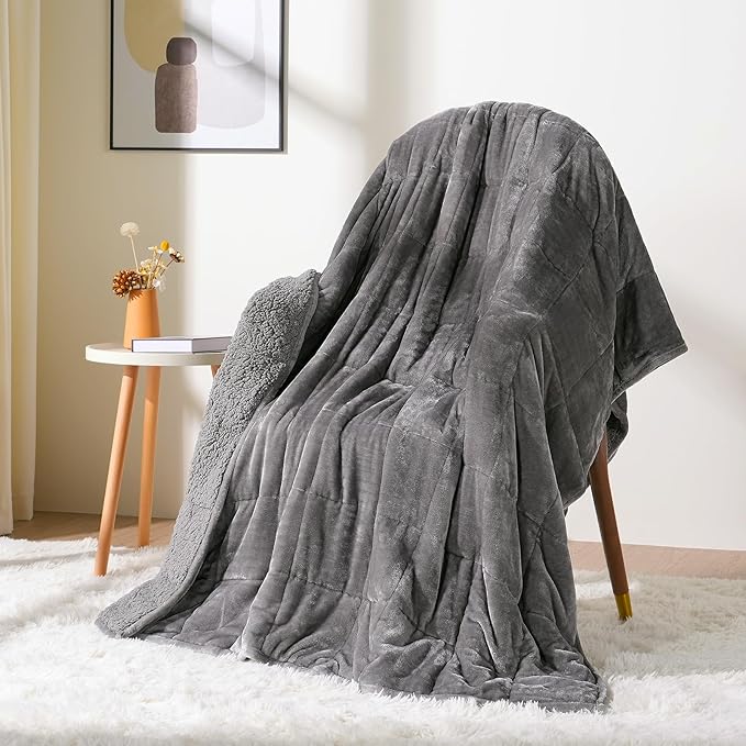 Cottonblue Sherpa Fleece Weighted Blanket 15 lbs for Adult, Flannel Cozy Plush Bed Blankets, Fuzzy Sherpa Weighted Blankets Full Size, Minky Soft Blanket for Sofa Bed, 48 x 72 inches, Grey