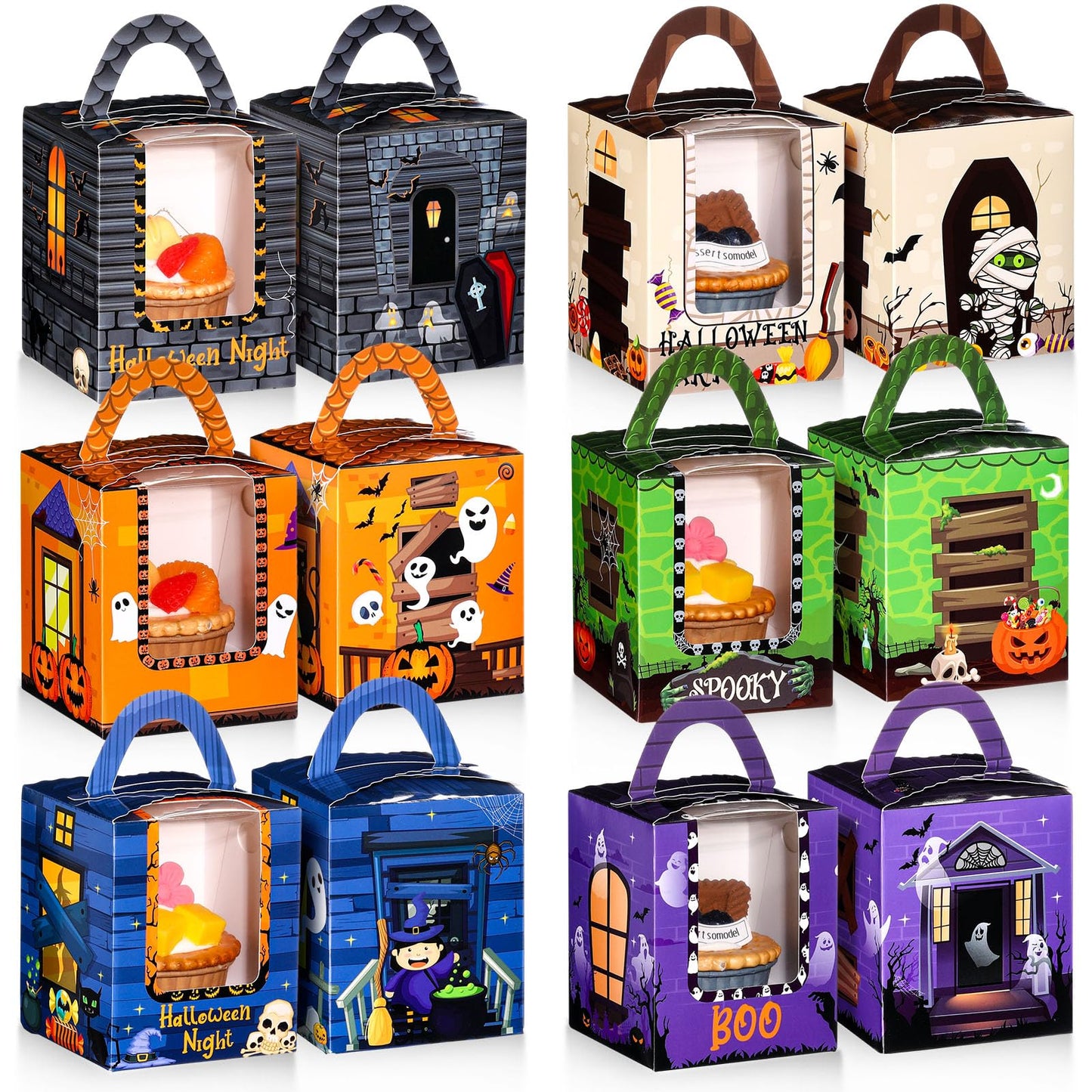 Qeeenar 60 Pieces Halloween Cupcake Boxes Halloween Individual Carriers Party Boxes with Clear Window for Cupcake Candies Gifts Wrap Dessert Table Decoration