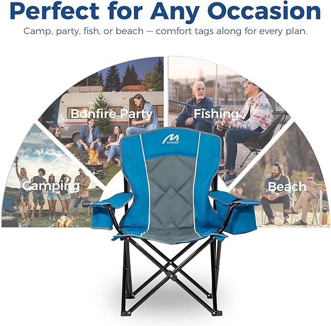 Matrasco Oversized Padded Camping Chair, Heavy-Duty Steel Frame for 450 lbs Supports, Convenient 6-Can Cooler, Portable Carry Bag, Perfect for Outdoor, Beach, and Hiking (Blue & Gray)