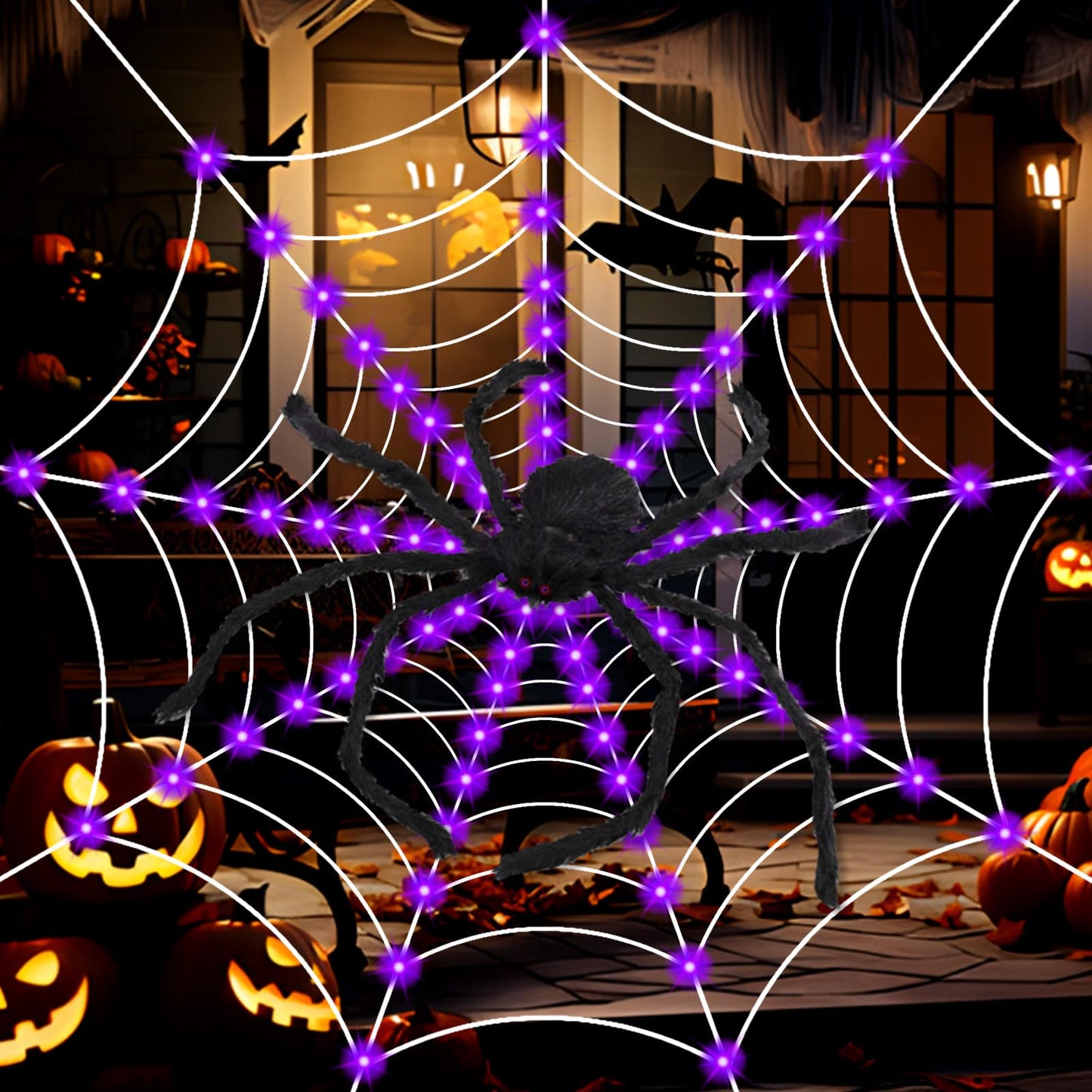 Halloween Decorations, 9FT Diameter Spider Web Lights with Black 4FT Spider, 160 LED Waterproof Net Lights, Remote Control, 8 Modes Cobweb for Yard House Garden Outdoor Indoor Party Haunted Decor
