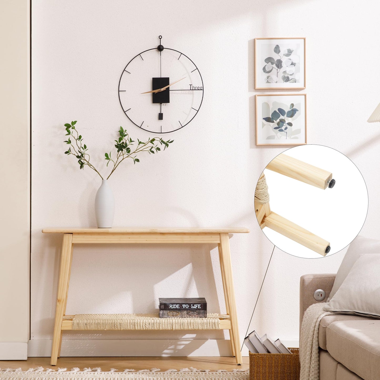 LZAREAL Farmhouse Rattan Entryway Table with Storage Boho Narrow Console Table Wood Long Sofa Table Behind Couch Table for Entryway Hallway Foyer Living Room, Natural Color