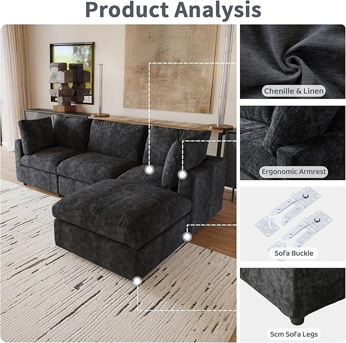 Cloud Couch Modular Sectional Sofa,100.5" U Shaped Couch, Oversized Convertible Wide Seater,3 Seater with 2 Ottomans for Living Room Set, Covers Washable&,Black