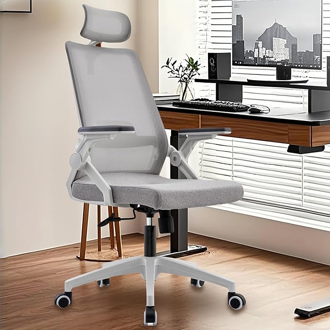 Msdizuo Ergonomic Office Computer Chair for All-Day Comfort, Dynamic Lumbar Support & Adjustable Headrest, 90° Swivel Flip-Up Arms Mesh Desk Chair - White, Tilt Lock, 350lbs
