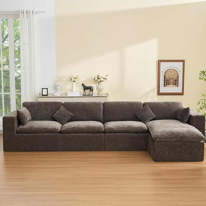 155''Cloud Boneless Sectional Couch, Modular Sectional Sofa Deep Seat with Ottoman, Oversized Upholstered Convertible Comfy 5 Seater Chenille Sofa L Shape Couches for Living Room, Brown