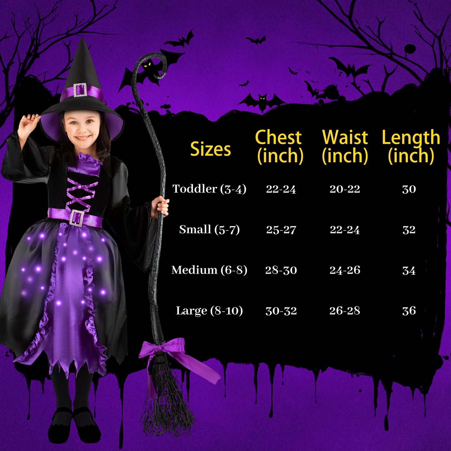 Kiddokids Witch Costume for Girls- Light-Up Dress with Hat & Broom Accessories, Halloween Costume Set for 3-12 Years, Purple Witch Outfit for Halloween Parties & Role Play
