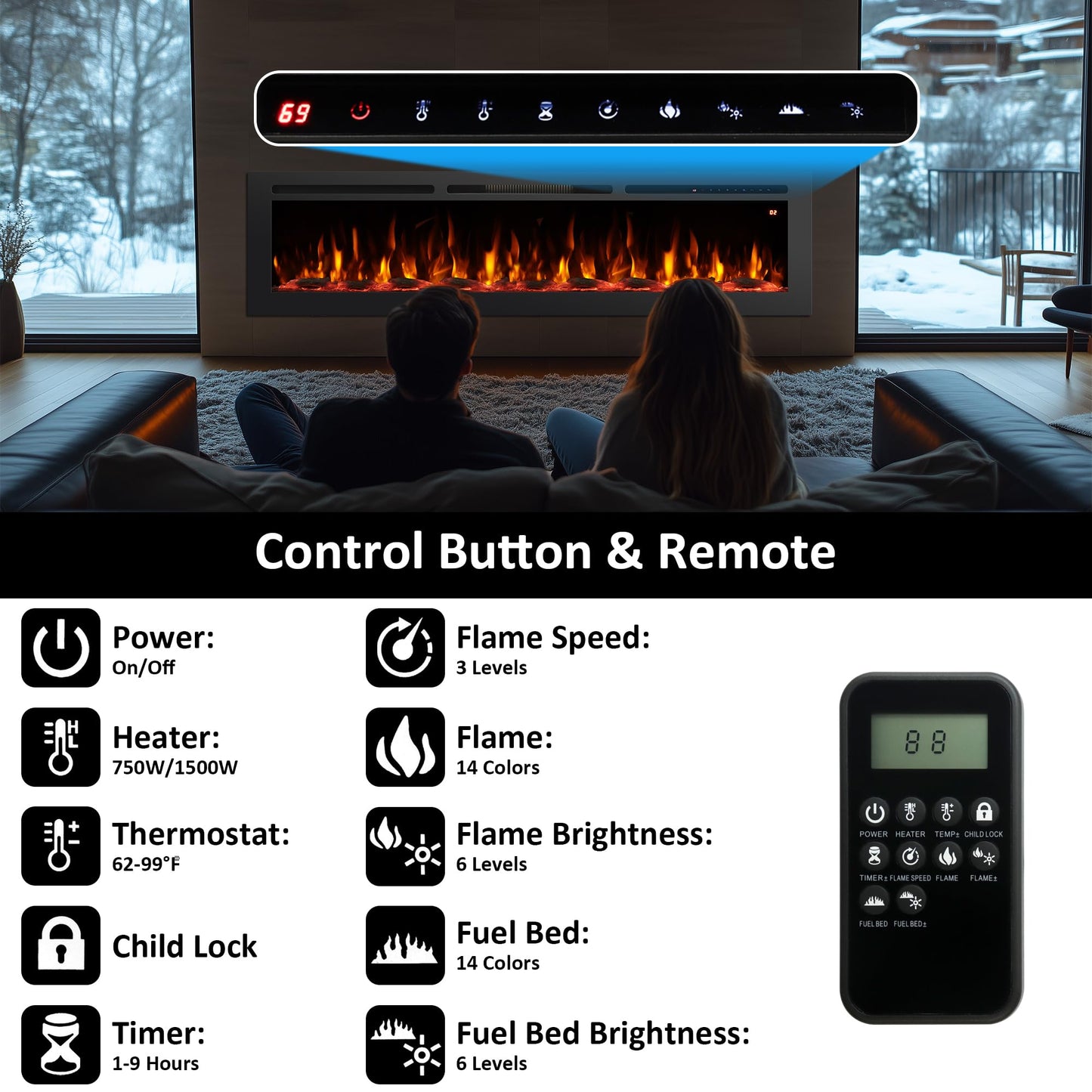 Rodalflame 48" Electric Fireplace Inserts, Adjustable Flame&Speed, Thermostat Heater, Recessed, Wall Mount, Freestanding, Brightness, Child Lock, Timer