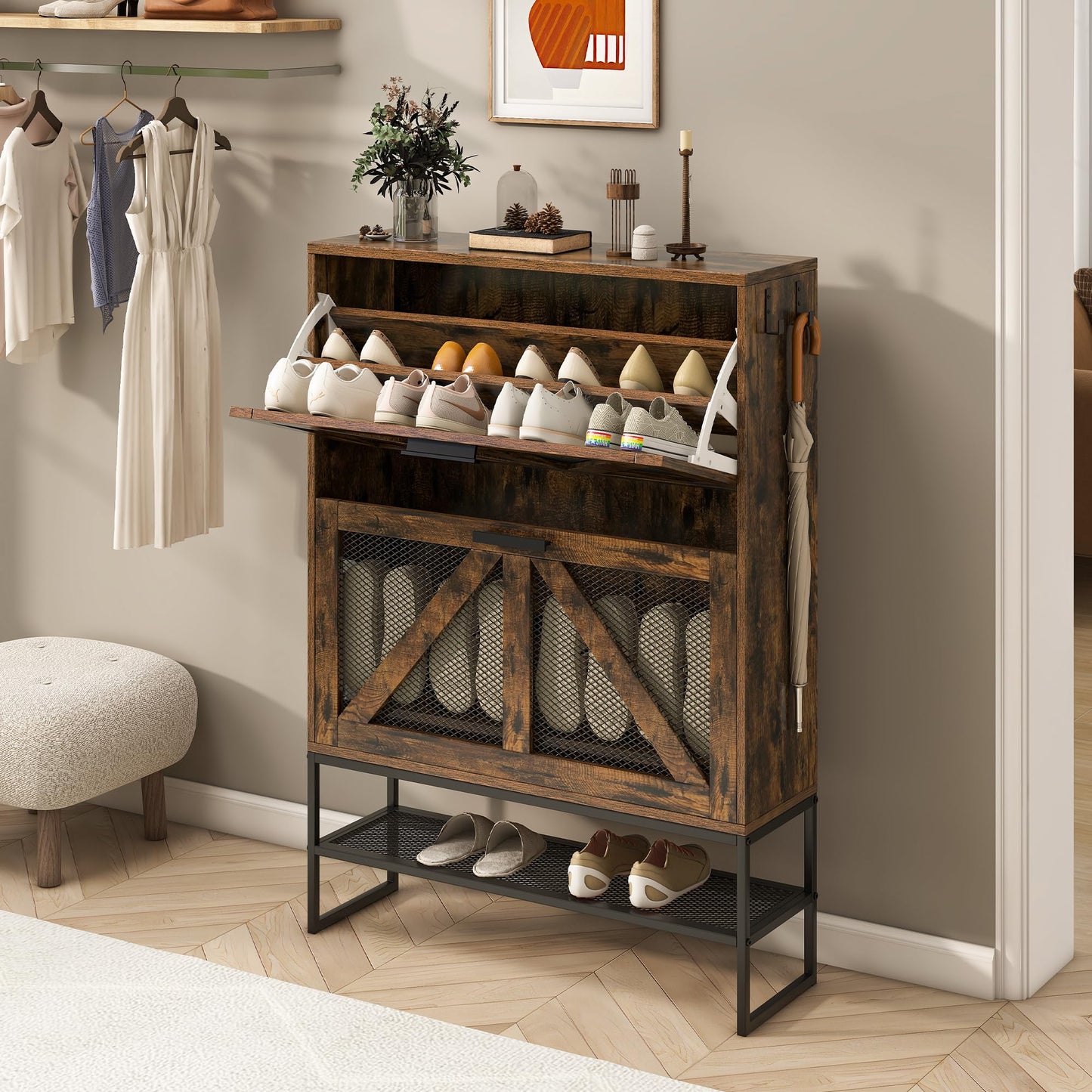 LYNCOHOME Shoe Storage Cabinet with 2 Flip Drawers, Farmhouse Shoe Organizer for Entryway/Hallway, Freestanding Shoe Rack Cabinet with Wire Netting and Steel Legs, Rustic Brown