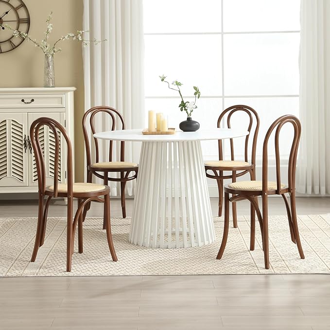 DM Furniture Walnut Dining Chairs Set of 6 Mid-Century Modern Rattan Desk Chairs with Backrest, Armless Bentwood Bistro Chairs for Dining/Kitchen Room,Home No Assembly Required, Walnut Wood