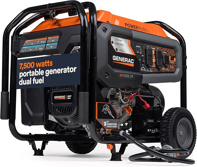 Generac 8011 GP7500E 7,500-Watt Dual-Fuel Compatible Portable Generator - Gas and Propane - COsense Technology with Electr...