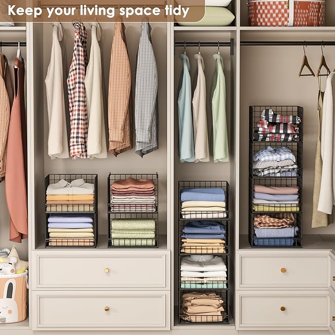 Stackable Closet Organizers and Storage Baskets, 4-Tier Closet Shelf Organizer for Small Space, Space-Saving Clothes Storage Drawer, Foldable Clothes Storage Bins for Closet Organizer System, Black
