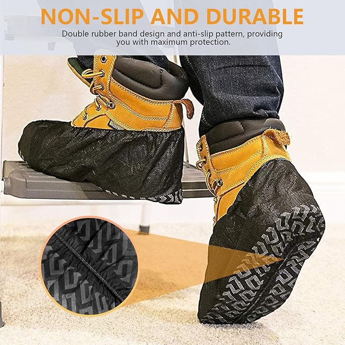 Shoe Covers Disposable 50 Pack (25 Pairs) - Durable, Non-Slip, Water Resistant, and Recyclable Boot Covers for Indoor and Outdoor Use - One Size Fits Most (Non-woven-Black)
