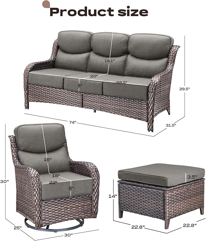 Rilyson Wicker Outdoor Patio Furniture Set - 7 Piece Patio Conversation Sets with Swivel Rocker Chairs, Ottomans and Sofa, 6 inch Cushions, Waterproof Wicker, for Porch Deck Brown/Grey