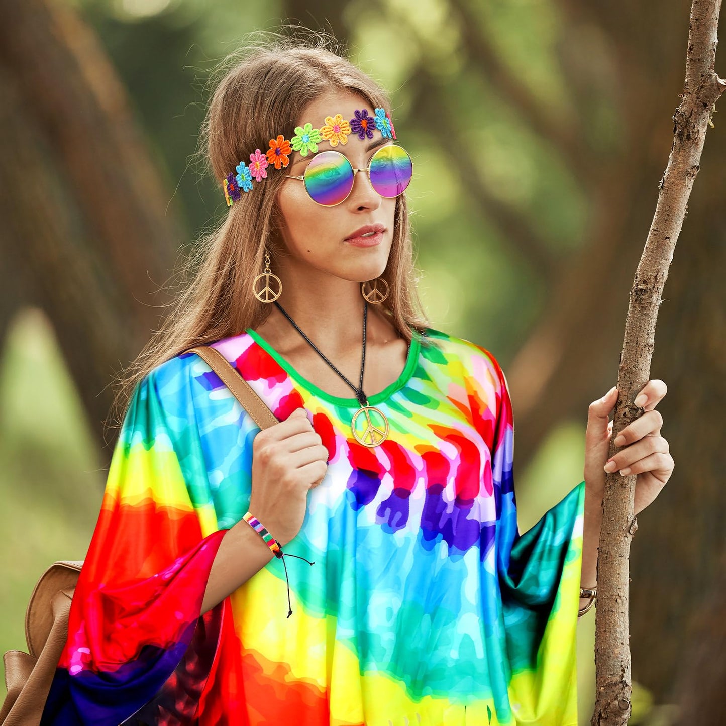 Hicarer 7 Pcs 60s 70s Hippie Costume Accessories Set Women Tie Dye Poncho Tassel Fringe Boot Covers Headband Bracelet Sunglasses Peace Sign Earring Necklace Outfits for Halloween (Hicarer-CKJO013)