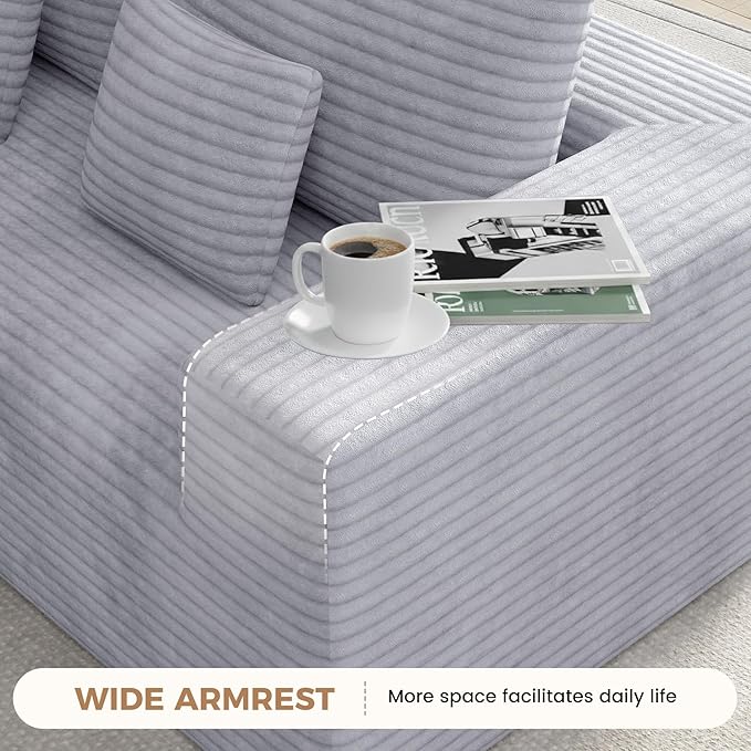 136'' Large Sectional Cloud Couches with Chaise, U Shaped Boneless Loveseat Sofa, No Assembly Required Deep Seat Modular Lounge for Living Room 3PCS Set, Bedroom(Light Grey)
