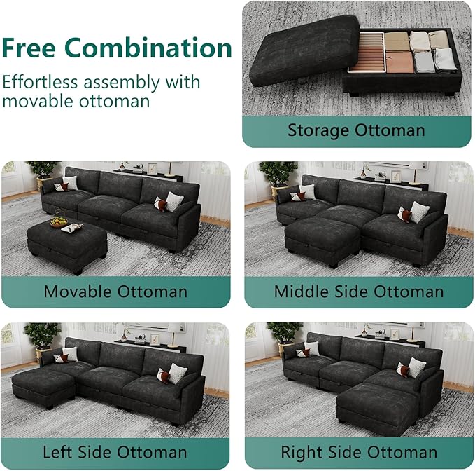 OhaiAura Modular Sectional L Shaped Sofa Couches for Living Room, Cloud Couch with Storage Ottoman, Comfy Chenille Sofa with Pillow, Black