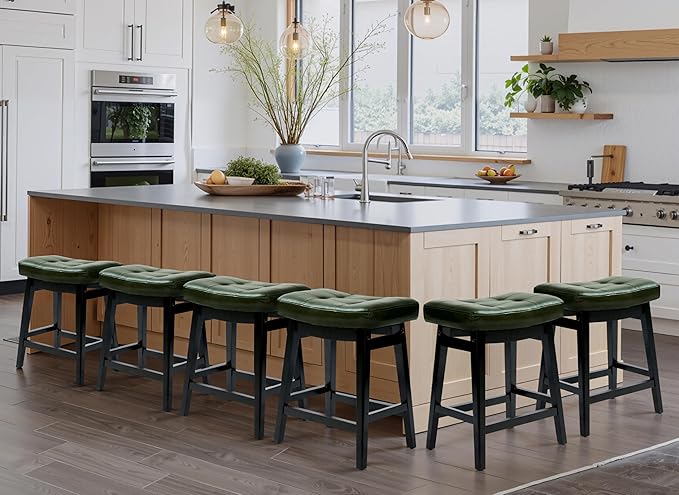RNKSFX Counter Height Bar Stools Set of 6 for Kitchen Counter Farmhouse Modern Barstools with Faux Leather Upholstered Backless Seat and Solid Wood Legs 24 inch Bar Chairs, Green + Black