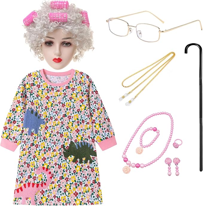 QAQ-COSPLAY 100 days of school costume - old lady costume for kids - School Grandma Costume for kids 5-8